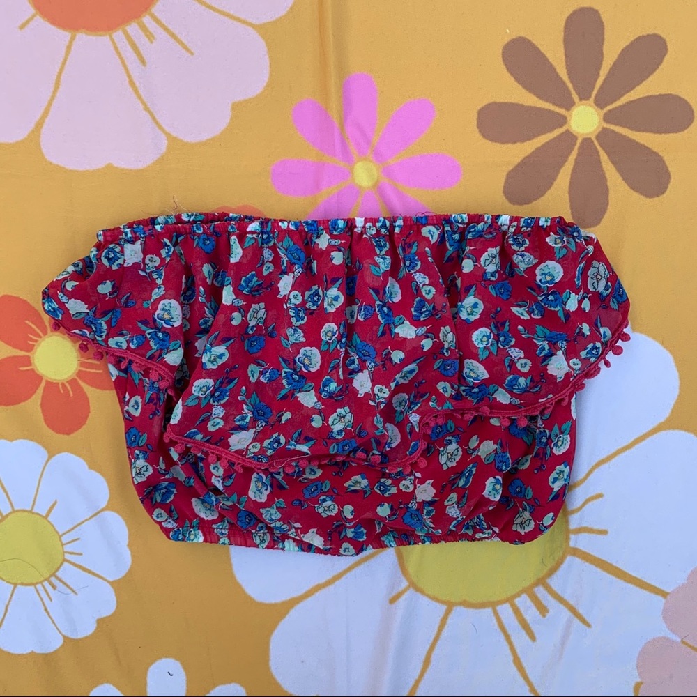 ❌SOLD❌Strapless Cropped Hot Pink Blue Floral Print